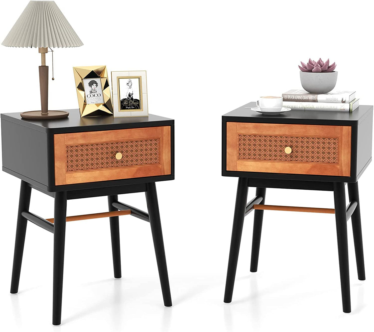Goflame Rattan Nightstand, Boho End Side Table with Rattan Decorated Storage Drawer & Solid Wood Legs
