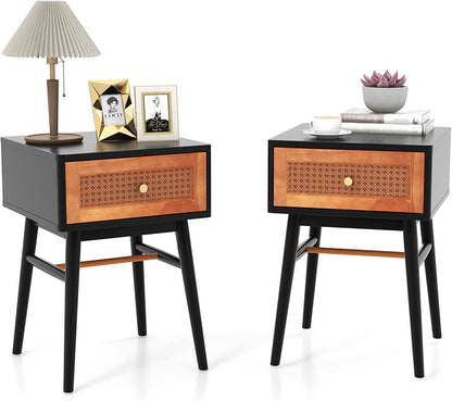 Goflame Rattan Nightstand, Boho End Side Table with Rattan Decorated Storage Drawer & Solid Wood Legs