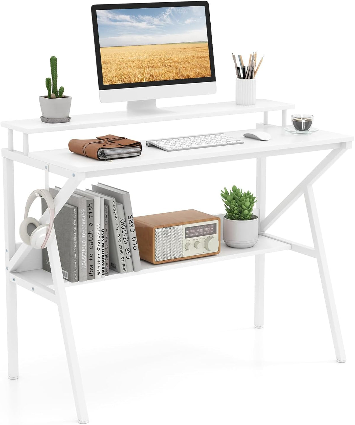 Goflame Space Saving Computer Desk with Monitor Stand and Extra Storage Shelf for Work Study
