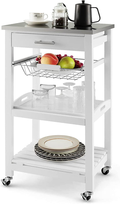 Goflame Kitchen Island Cart Rolling Kitchen Trolley with Stainless Steel Tabletop