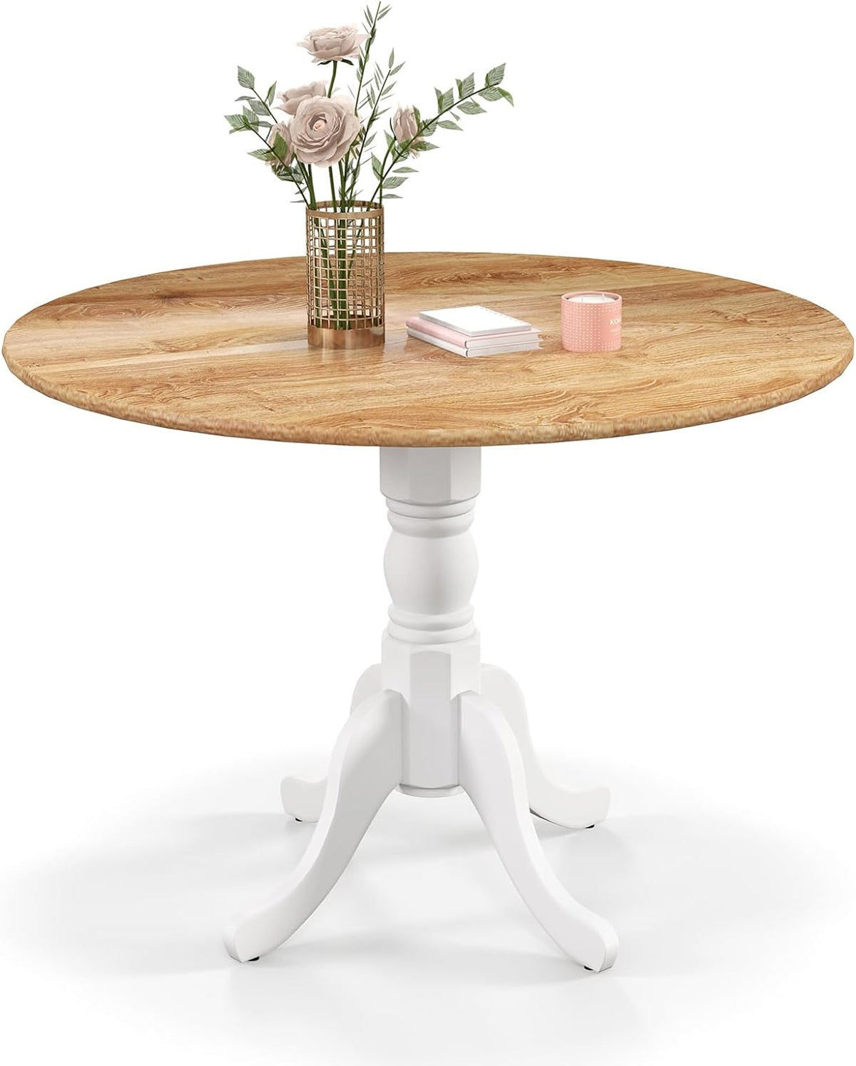 Goflame Wooden Dining Table with 39" D Round Tabletop & Curved Trestle Legs