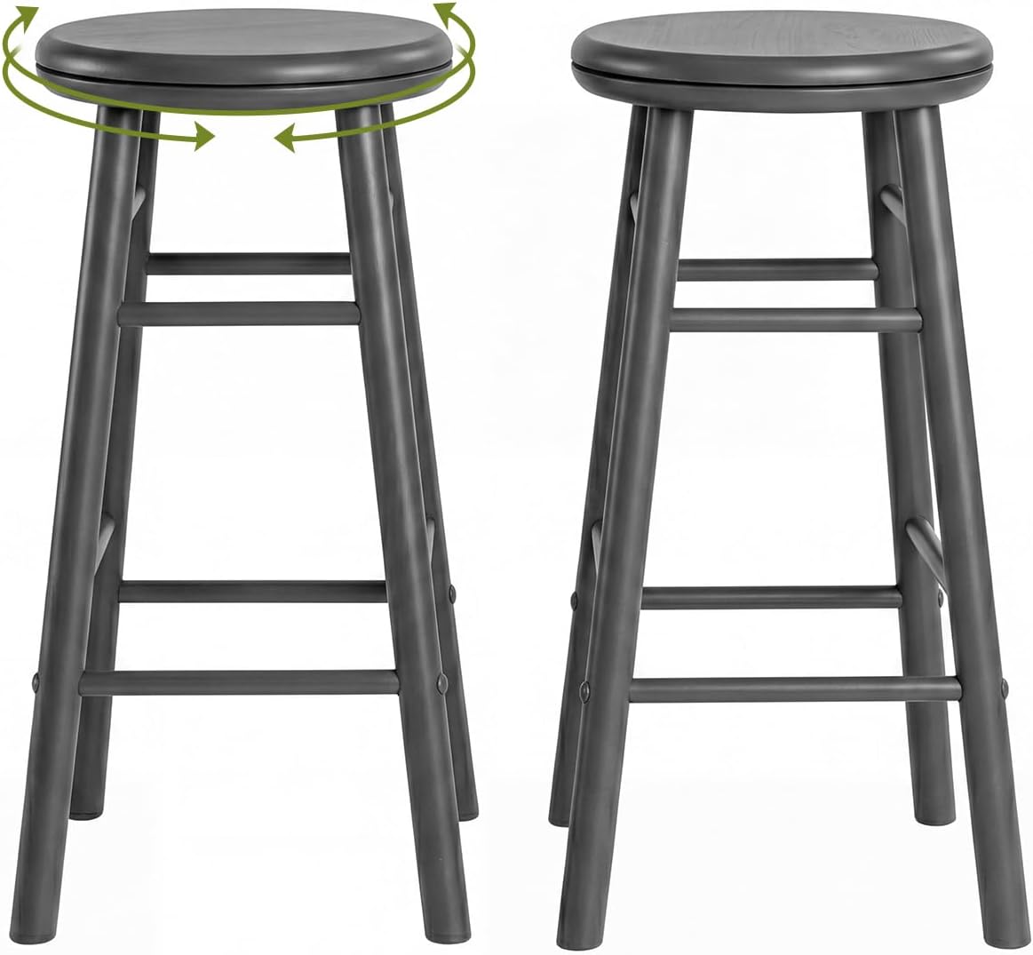 Goflame 24 Inch Swivel Bar Stools Set of 2, Rubber Wood, Walnut | Round Bar Chairs w/Backless Design