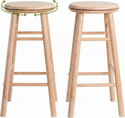 Goflame 24 Inch Swivel Bar Stools Set of 2, Rubber Wood, Walnut | Round Bar Chairs w/Backless Design