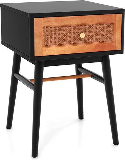 Goflame Rattan Nightstand, Boho End Side Table with Rattan Decorated Storage Drawer & Solid Wood Legs