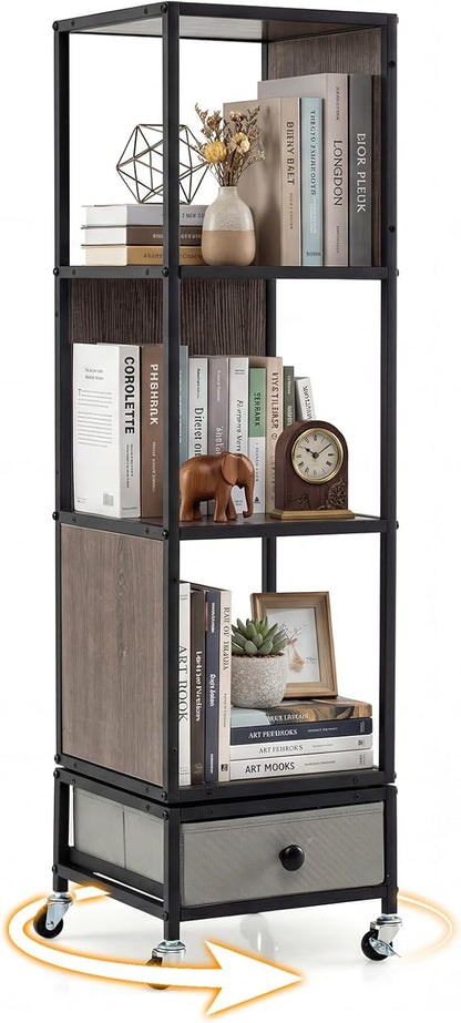 Goflame 4-Tier Rotating Bookshelf | 360° Spinning Corner Book Shelf Tower W/Removable Fabric Storage Drawer