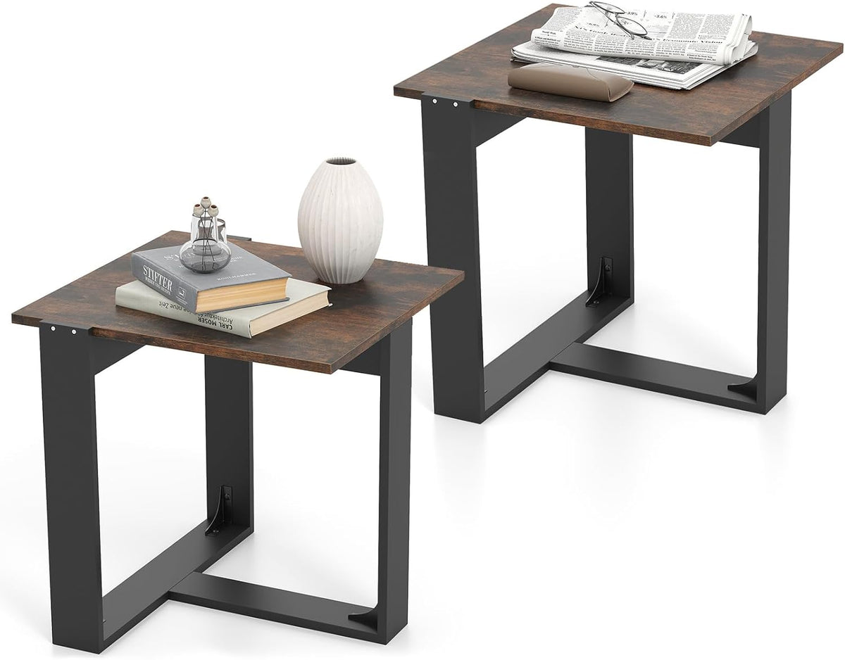 Goflame Rustic Brown Square Industrial Side Table w/T-Shape Metal Frame