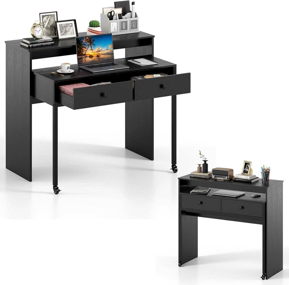 Goflame Small Computer Desk with Hutch & Drawers