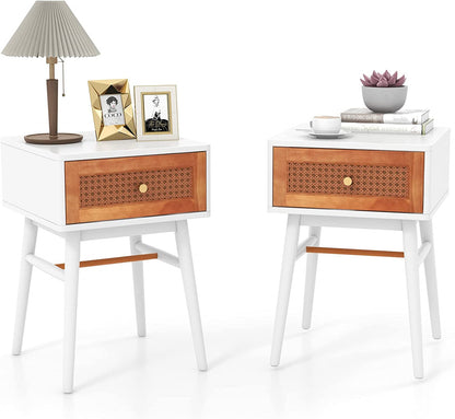 Goflame Rattan Nightstand, Boho End Side Table with Rattan Decorated Storage Drawer & Solid Wood Legs