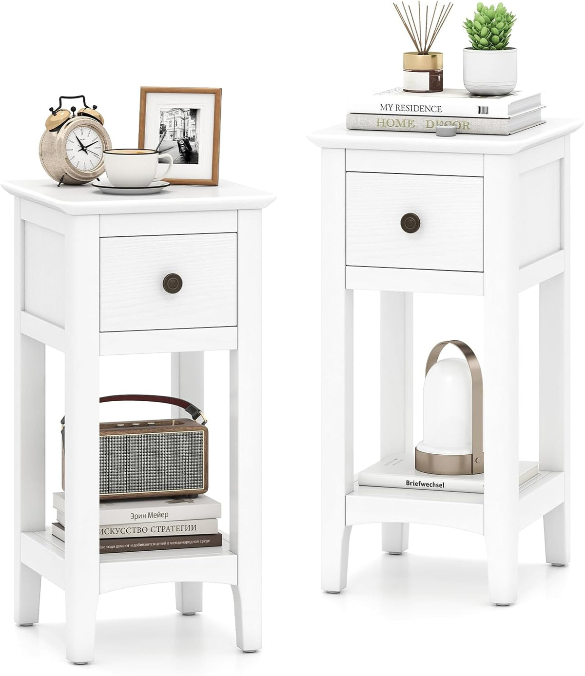 Goflame Narrow End Table with Drawer 23.5" H Side Table w/Open Storage Shelf & Solid Wood Frame