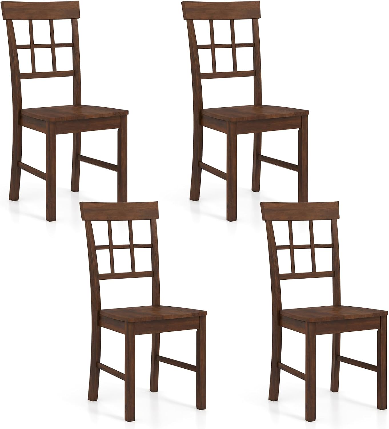Goflame Four wooden chairs with a brown finish on a white background