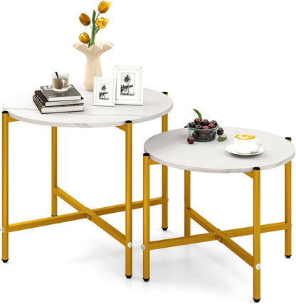 Goflame Round Coffee Table Set of 2, Nesting Tables with Metal Frame, Imitated Wood Grain Top