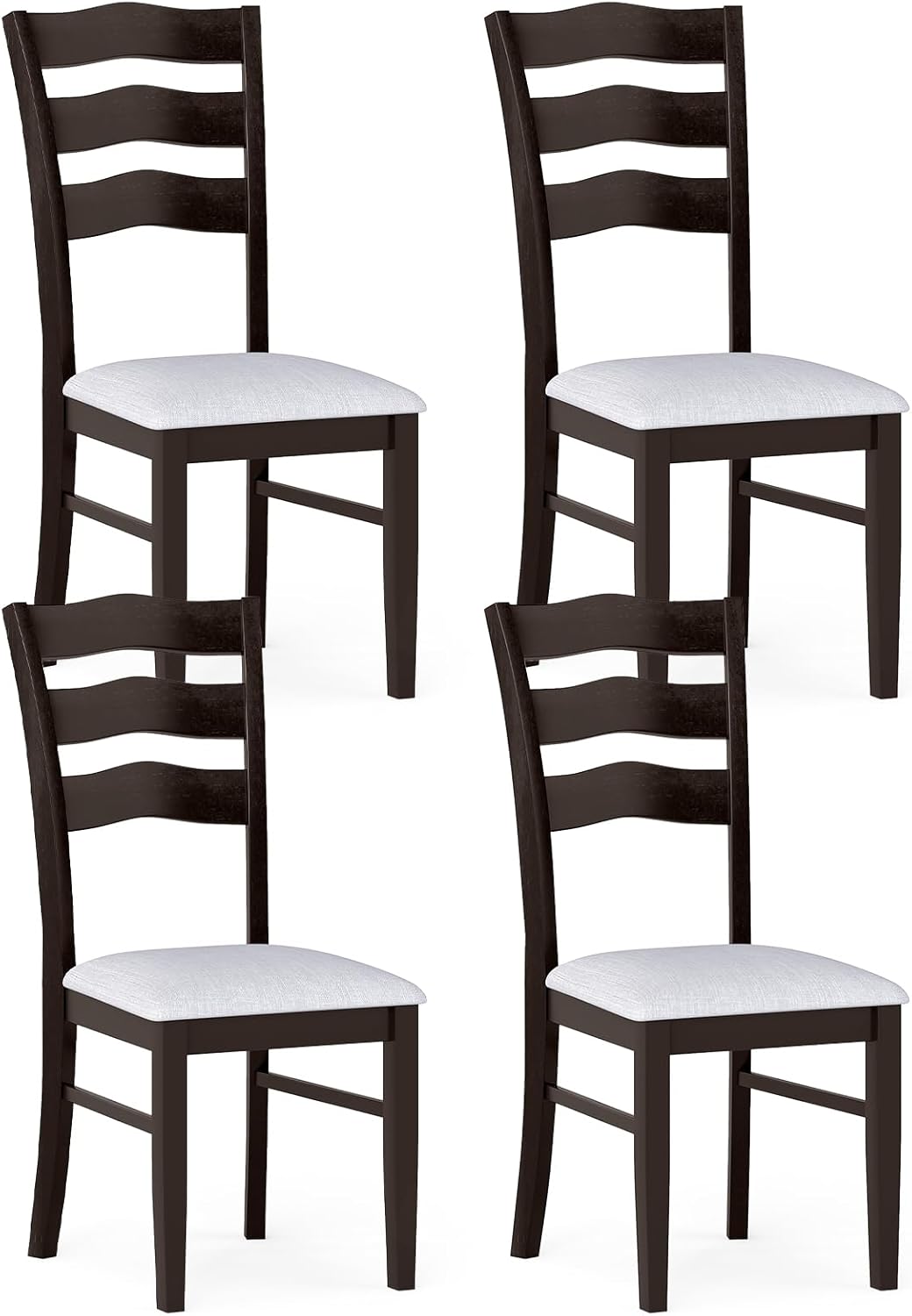 Goflame Wooden Dining Chairs Set of 2/4 with Rubber Wood Legs Fabric Padded Seat Wavy Ladder Back