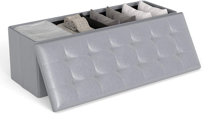 Goflame 43 Inches Folding Storage Ottoman Bench Upholstered PU Leather Storage Chest with Side Pocket