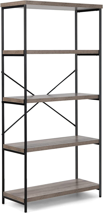 Goflame Industrial 5-Tier Wood Bookshelf - 63’’ Tall Open Storage Organizer Shelves with Anti-Tipping Device and Foot Pads