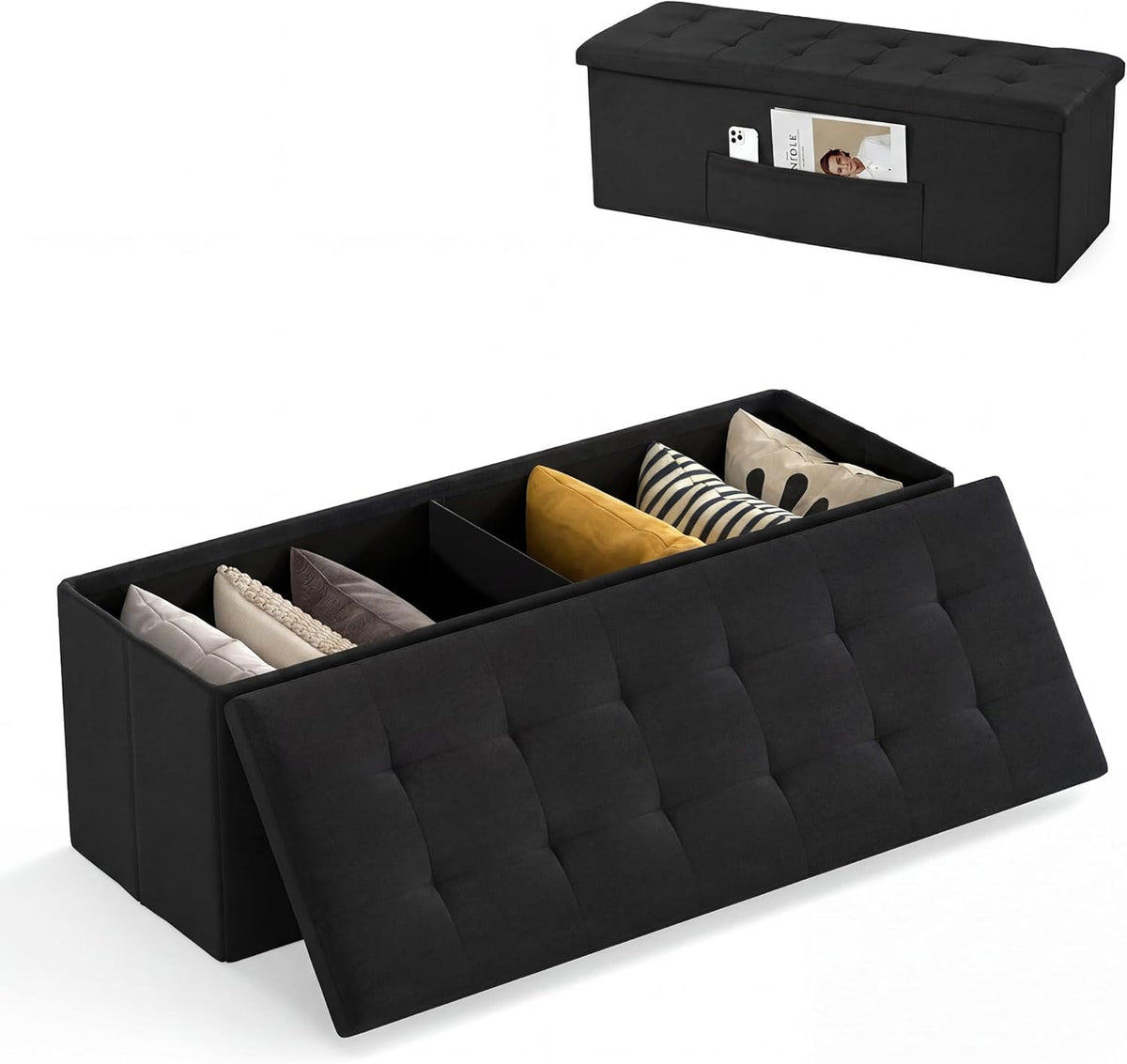 Goflame 43 Inches Folding Storage Ottoman Bench Upholstered Storage Chest with Side Pocket