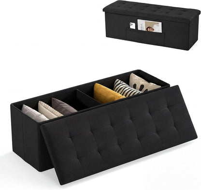 Goflame 43 Inches Folding Storage Ottoman Bench Upholstered Storage Chest with Side Pocket