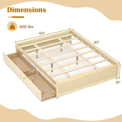 Goflame Queen/Full/Twin Size Bed Frame with 2 Storage Drawers, Solid Wood Platform Bed with Slats Support
