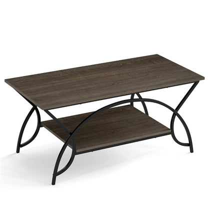 Industrial Coffee Table, 2-Tier Rectangular Center Table with Storage Shelf