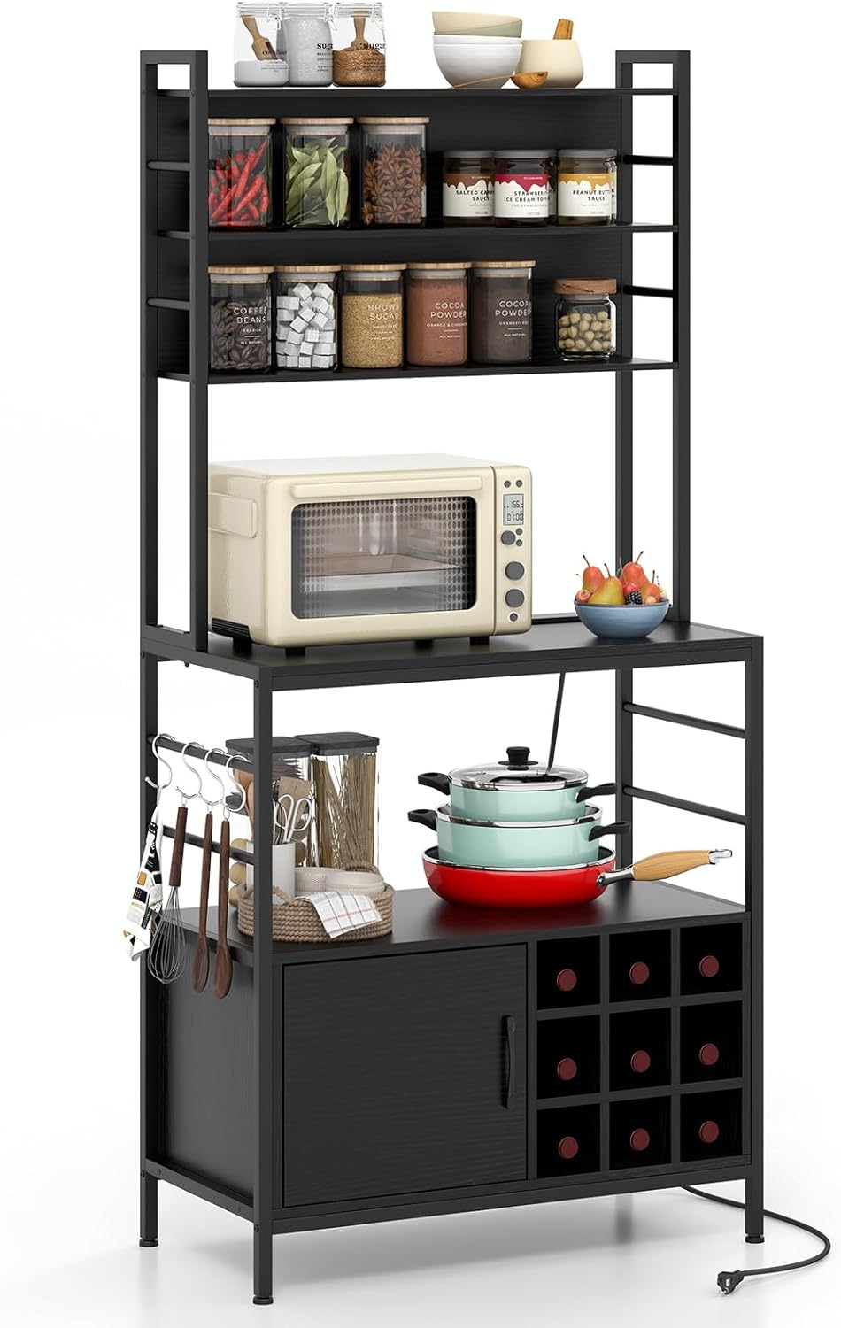 Goflame Bakers Rack with Power Outlet, 67” Microwave Stand with Storage Cabinet, Spice Rack