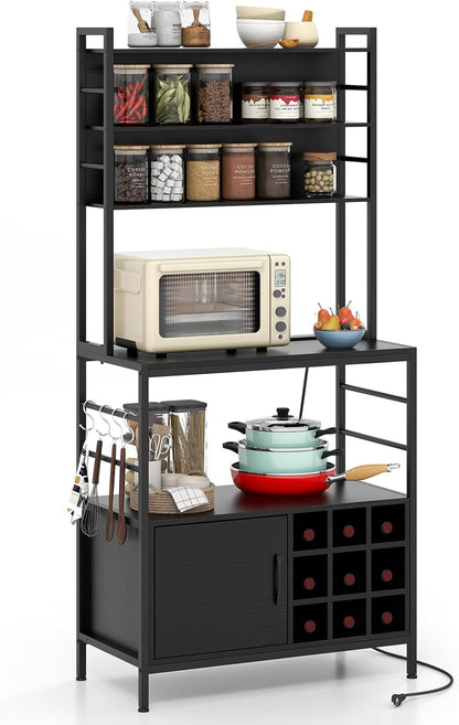 Goflame Bakers Rack with Power Outlet, 67” Microwave Stand with Storage Cabinet, Spice Rack