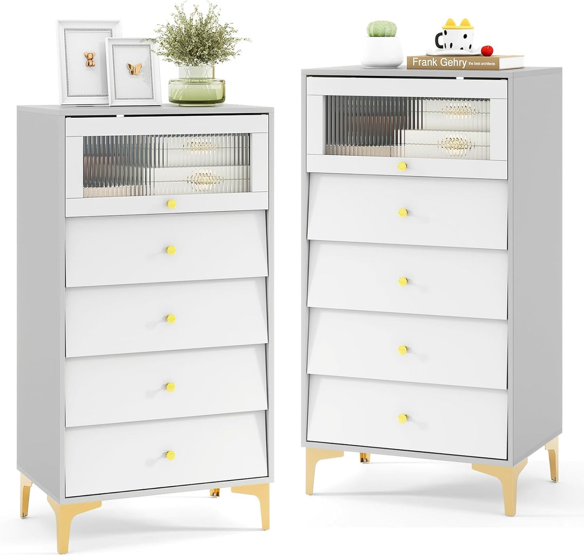 Goflame 4-Drawer Dresser with Flip Up Fluted Glass Door