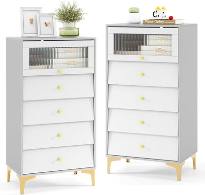 Goflame 4-Drawer Dresser with Flip Up Fluted Glass Door