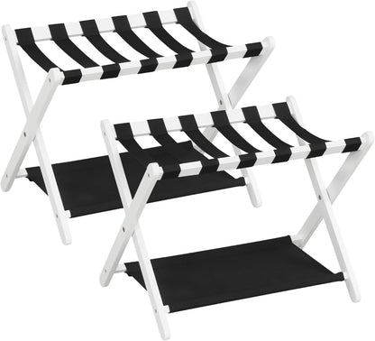 Goflame Folding Luggage Rack | Solid Rubber Wood Suitcase Stand with Storage Shelves