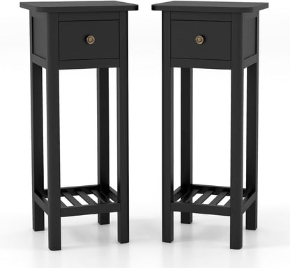 Goflame Narrow End Table with Drawer, Tall Acacia Wood Side Table with Bottom Shelf, Modern Bedside Tables