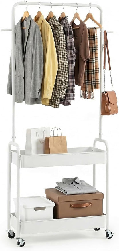 Goflame Heavy-Duty Rolling Clothes Rack with 2 Storage Baskets & Side Hooks
