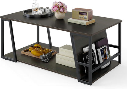 Goflame Rectangle Coffee Table 2-tier Industrial Accent Table with Storage Shelf and Compartment