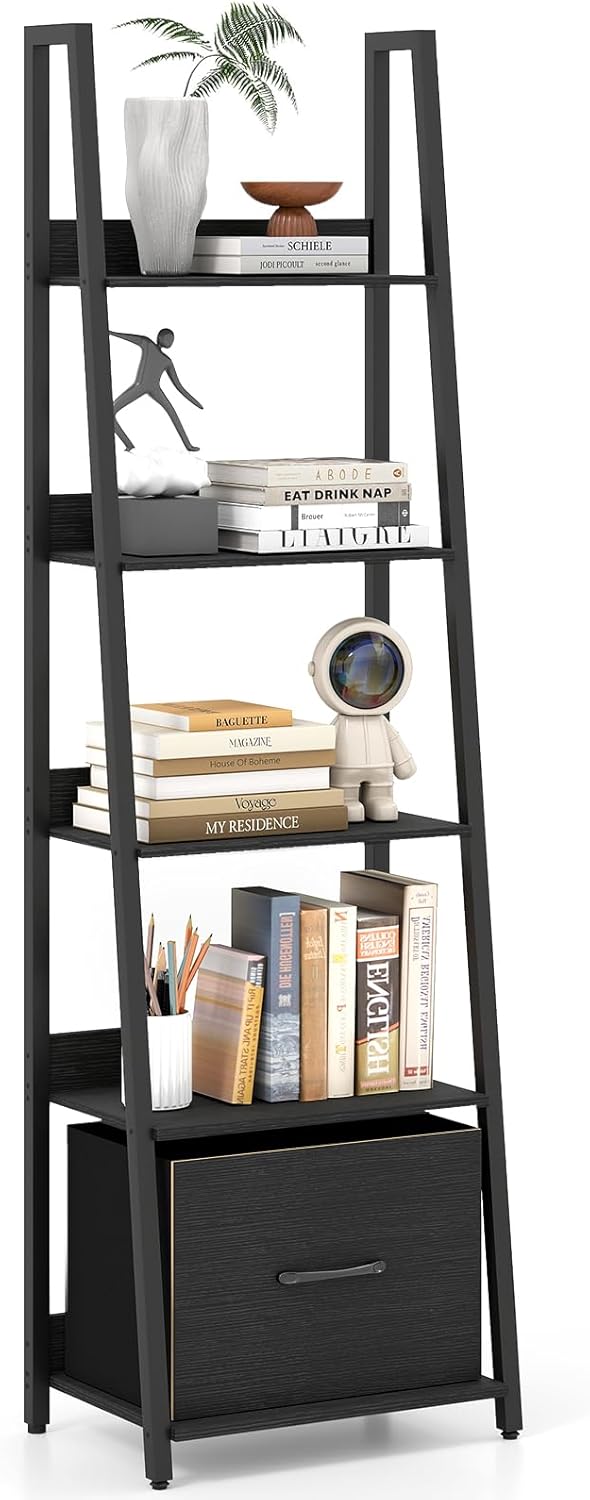 Goflame 5-Tier Industrial Ladder Bookshelf with Removable Fabric Drawer (1/2)