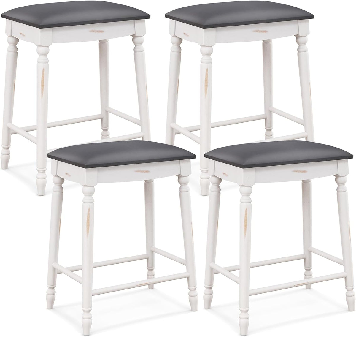 Goflame Bar Stools, 29"/24" Bar Height Saddle Stools w/Padded Seat, Rubber Wood Legs, Footrests & Antiqued Surface
