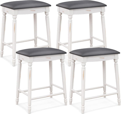 Goflame Bar Stools, 29"/24" Bar Height Saddle Stools w/Padded Seat, Rubber Wood Legs, Footrests & Antiqued Surface
