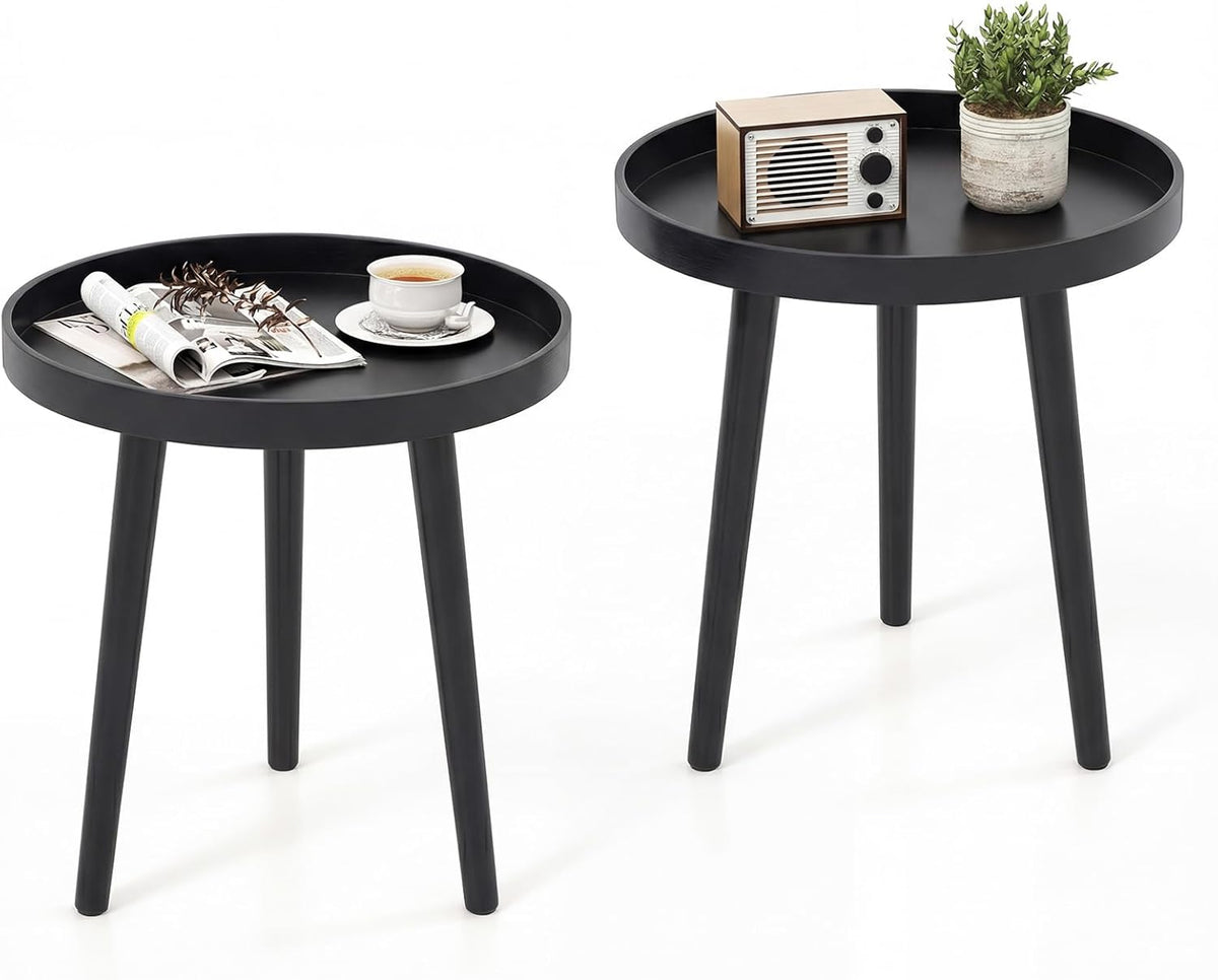Goflame Mid Century Modern Side Table with Wooden Tray and Bamboo Legs