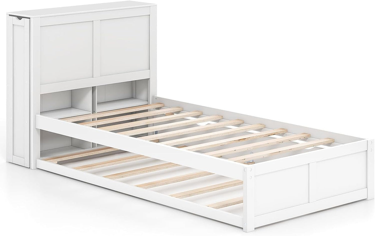 Goflame Full Bed Frame with Twin Trundle, Wooden Bed Wooden Bed Frame with 2 Rolling Bookcases & High Headboard