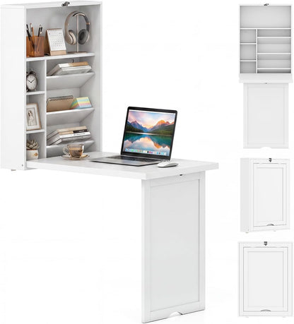 Goflame Wall Mounted Desk | Foldable Convertible Computer Desk with Storage Shelves