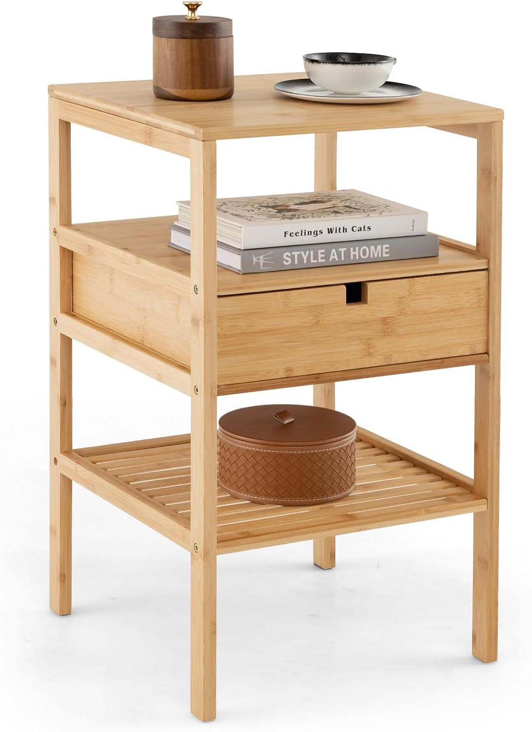 Goflame Nightstand Set of 1/2, Bamboo End Table with Drawer and 2 Open Shelves