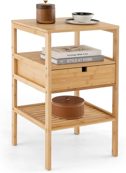 Goflame Nightstand Set of 1/2, Bamboo End Table with Drawer and 2 Open Shelves