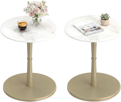 Goflame Round Marble Side Table w/Stone Finish & Wooden Pedestal (1/2)