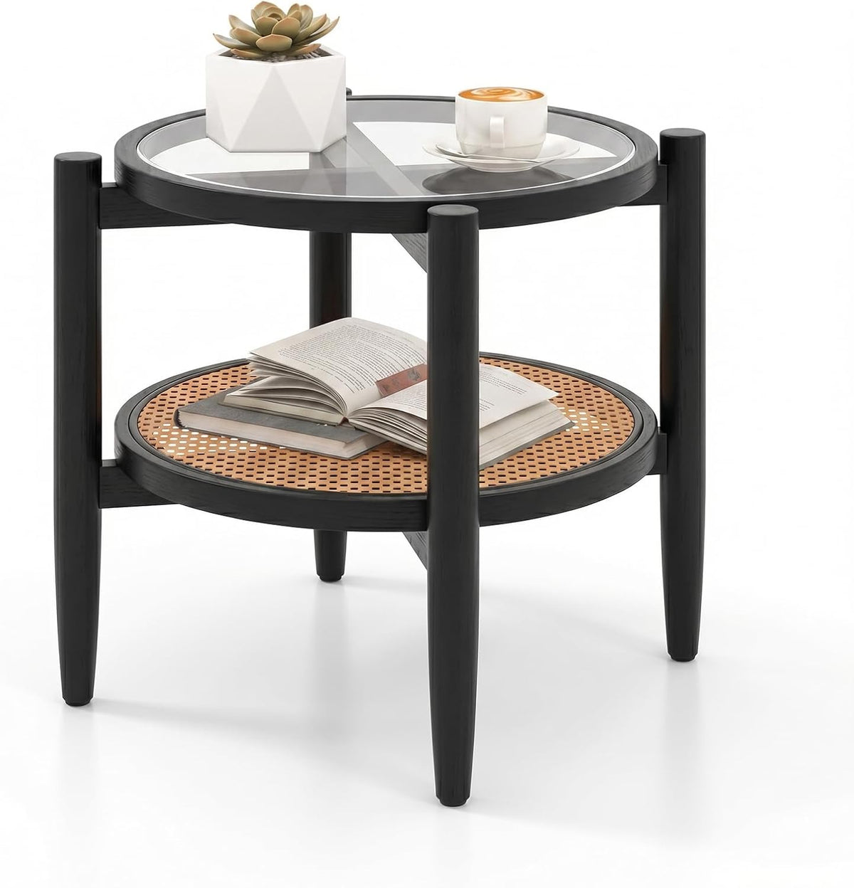 Goflame Rattan Round End Table Walnut Boho Nightstand with Tempered Glass Top and Acacia Wood Legs