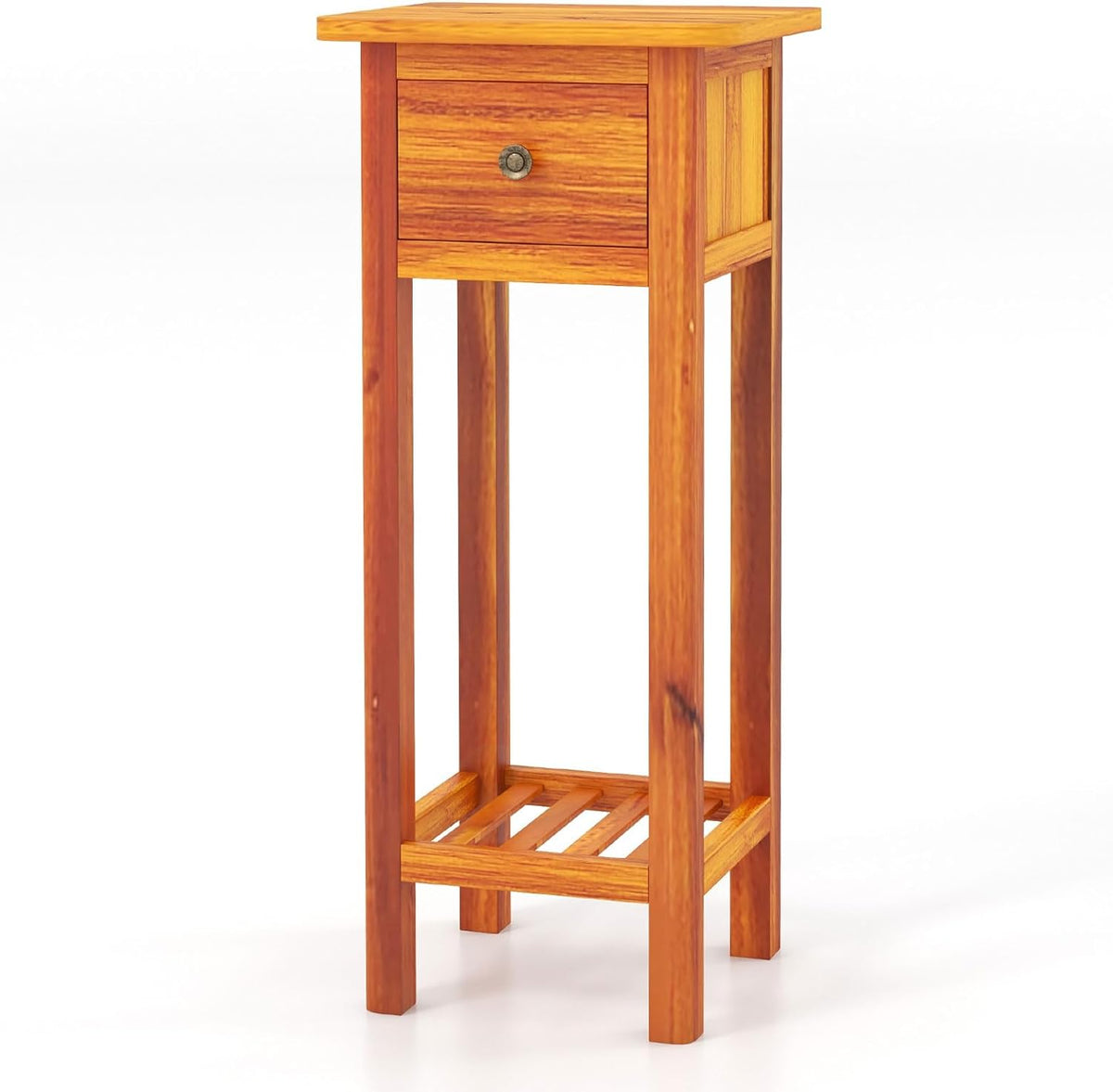 Goflame Narrow End Table with Drawer, Tall Acacia Wood Side Table with Bottom Shelf, Modern Bedside Tables