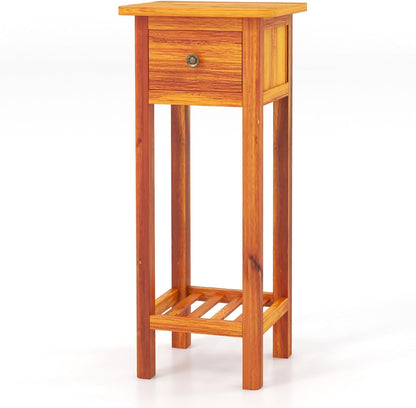 Goflame Narrow End Table with Drawer, Tall Acacia Wood Side Table with Bottom Shelf, Modern Bedside Tables