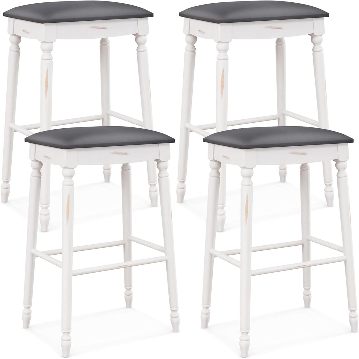 Goflame Bar Stools, 29"/24" Bar Height Saddle Stools w/Padded Seat, Rubber Wood Legs, Footrests & Antiqued Surface