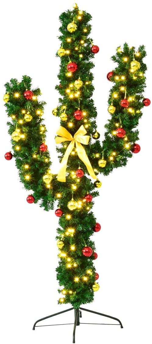 Pre-Lit Artificial Cactus Christmas Tree with LED Lights and Ball Ornaments - Goflame