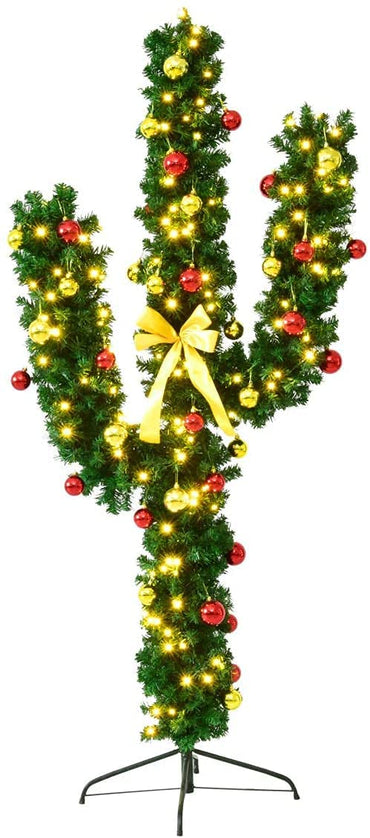 Pre-Lit Artificial Cactus Christmas Tree with LED Lights and Ball Ornaments - Goflame