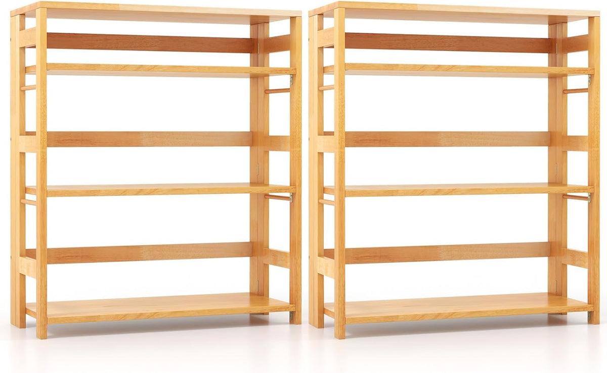 Goflame 4-Tier Bookshelf, 34.5" Floor Storage Shelf w/Rubber Wood Frame, Anti-Toppling Kits, Side Fences