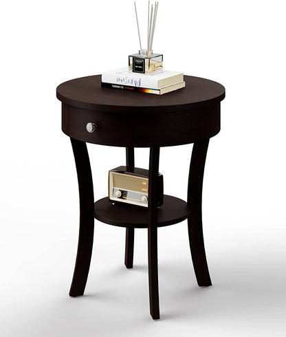 Goflame Round End Table with Drawer, 2-Tier Wood Side Table w/Open Shelf