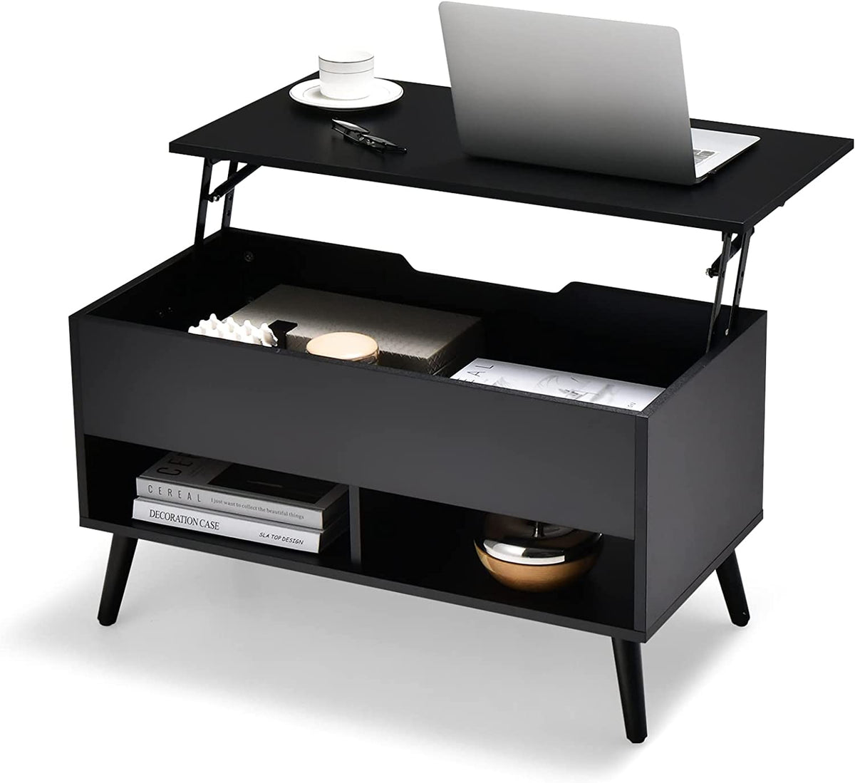 Goflame Lift Top Coffee Table, Modern Cocktail Table w/Hidden Compartment & 2 Open Shelves