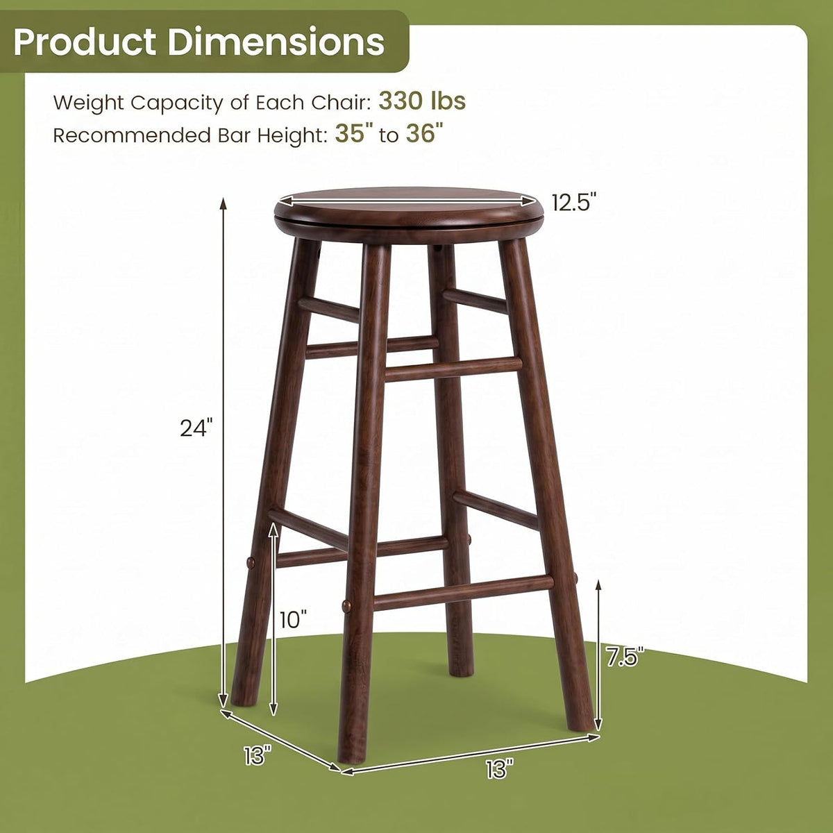 Goflame 24 Inch Swivel Bar Stools Set of 2, Rubber Wood, Walnut | Round Bar Chairs w/Backless Design
