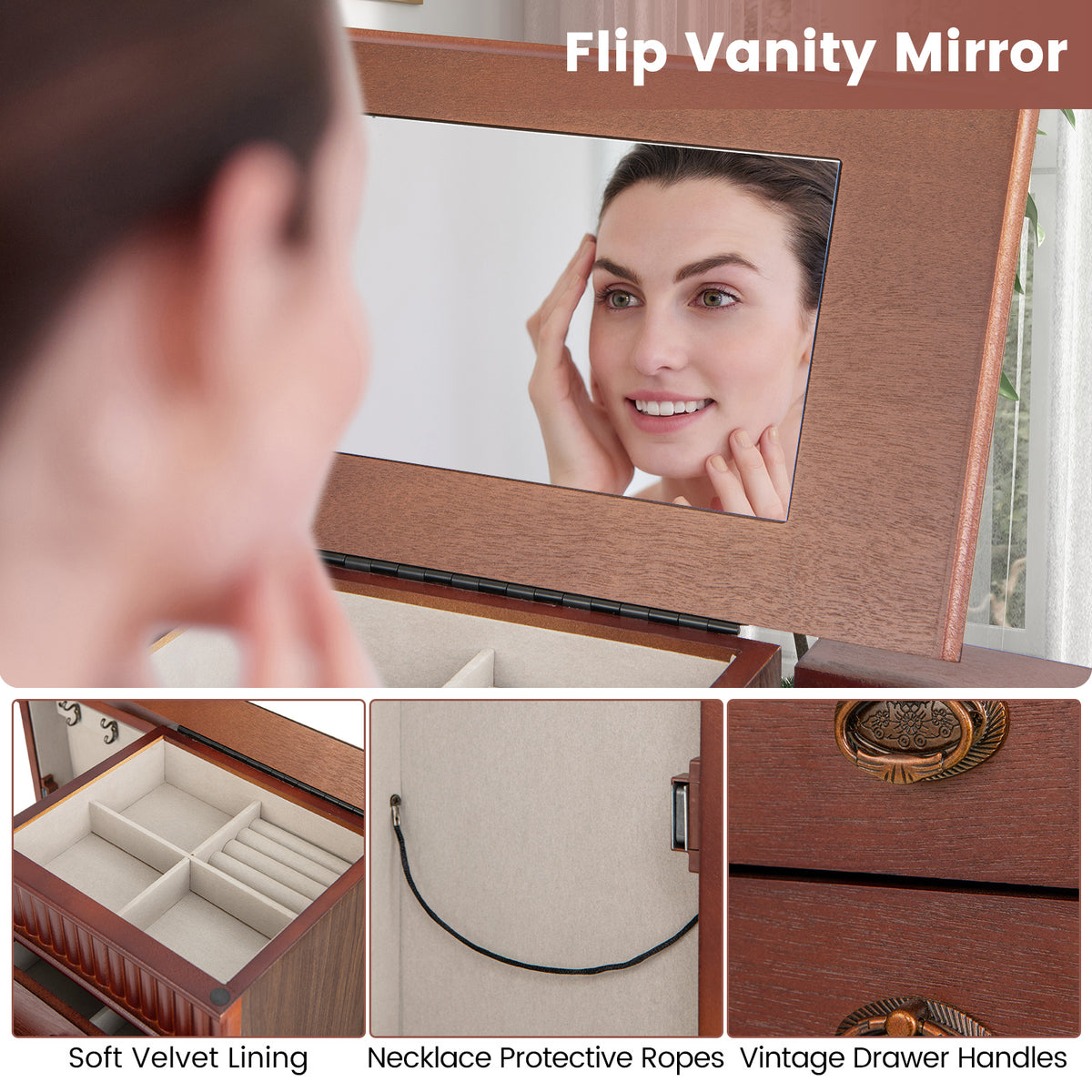 Jewelry Cabinet Armoire, Standing Jewelry Storage Organizer with Flip Top Makeup Mirror & 7 Drawers